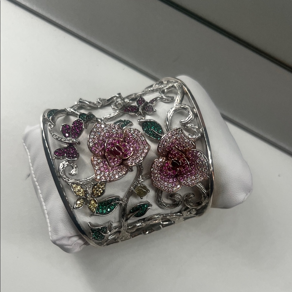 Elegant Silver Floral Bracelet with Pink and Green Accents - Sterling Silver